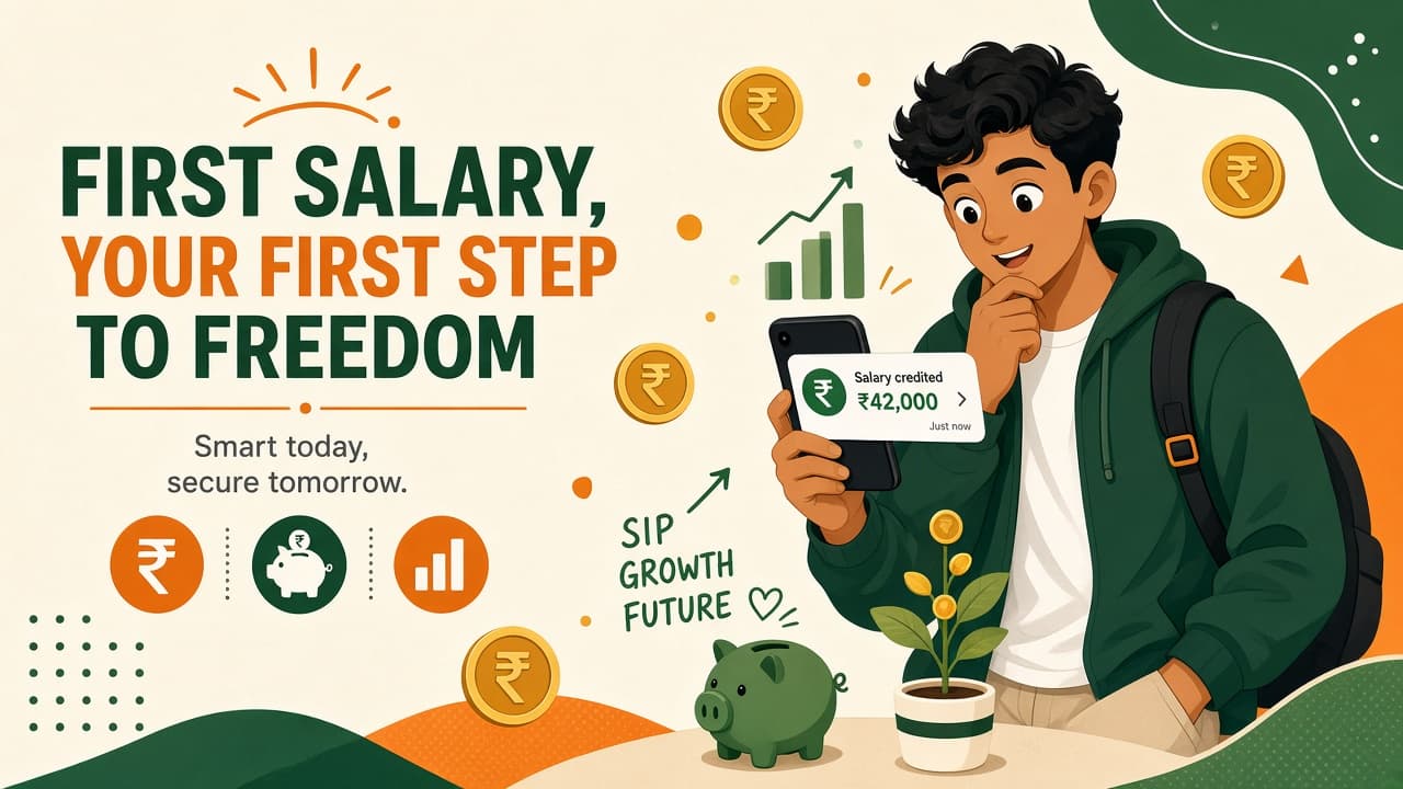 A young professional celebrates a salary-credited notification on their phone, with rupee coins, a piggy bank and a small growth sprout around them