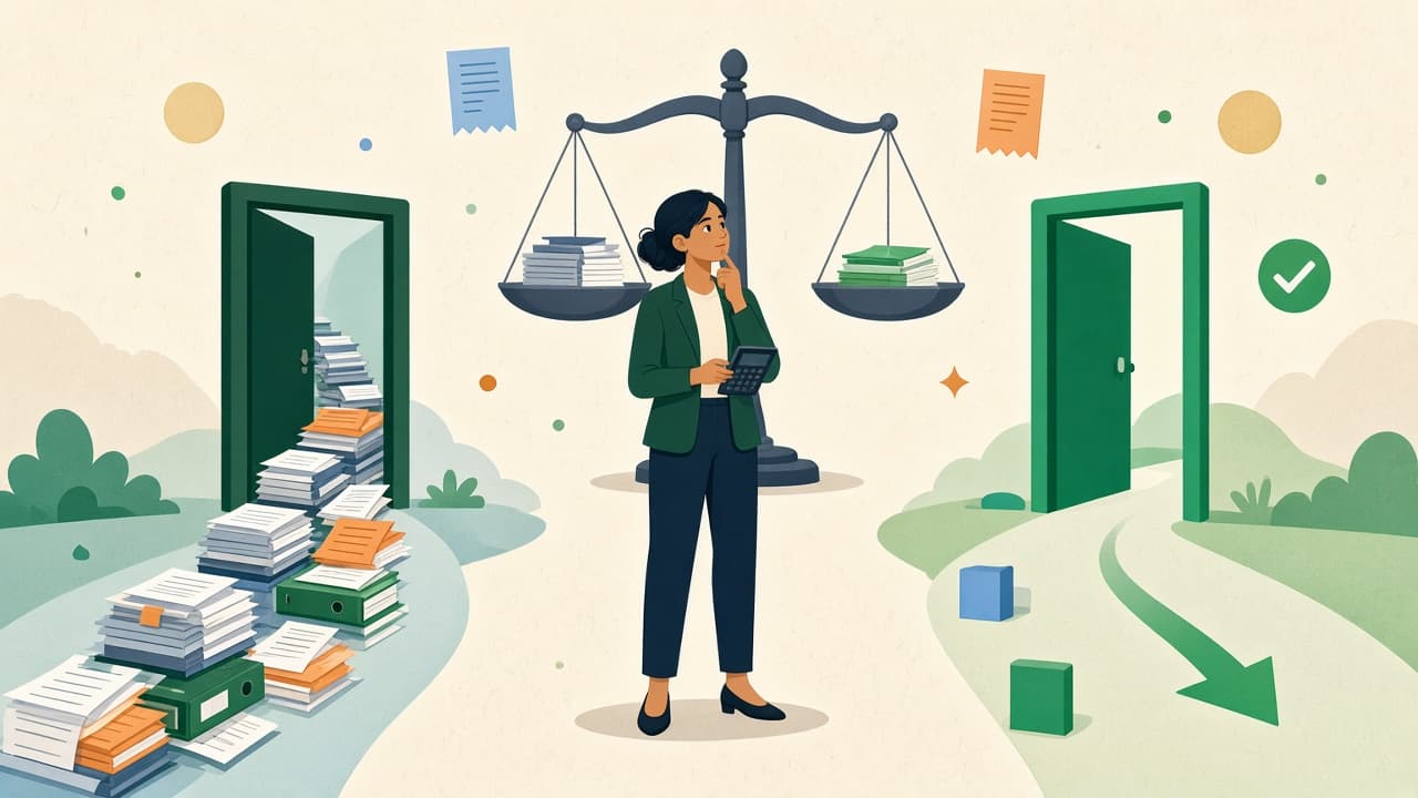 A young professional with a calculator stands between a path piled with receipts and a simple open path, under a balance scale