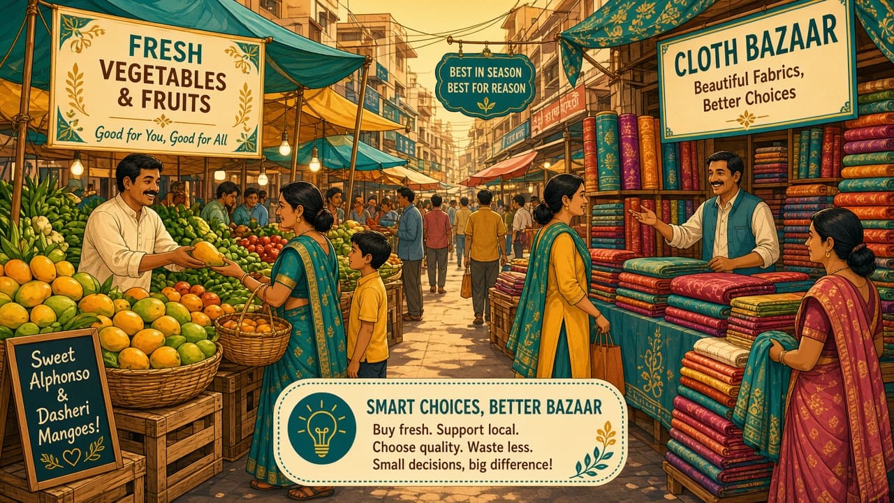 Busy Indian bazaar with mango and cloth stalls