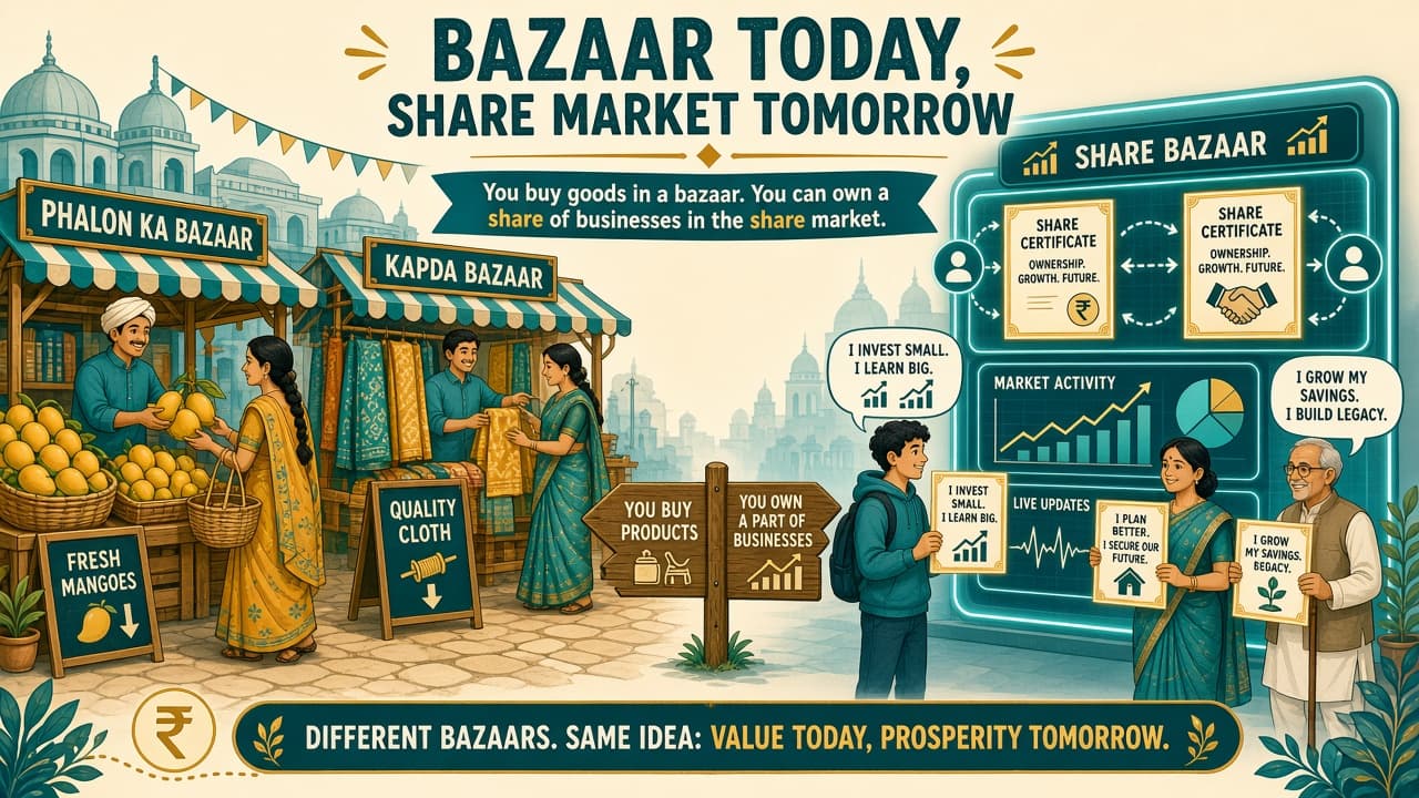 Indian bazaar on one side and people exchanging share certificates on digital screens on the other