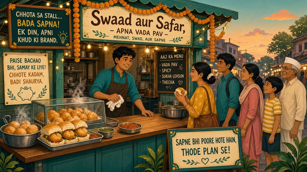A busy Indian street food stall with a proud owner and happy customers