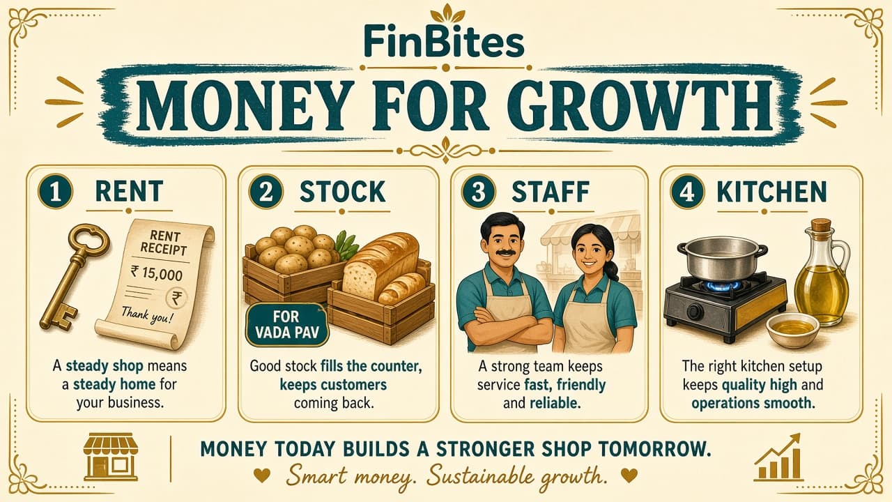 Infographic showing rent, stock, staff, and kitchen costs for a growing shop