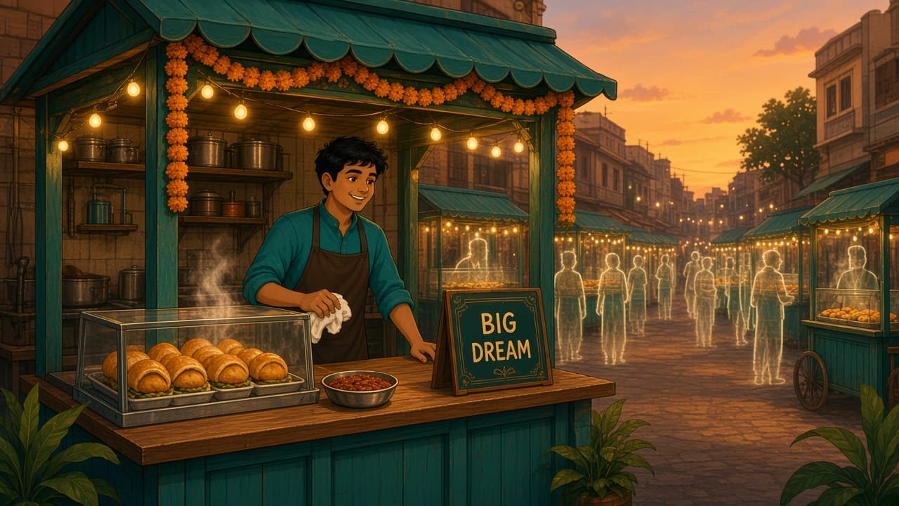A vada pav stall owner dreaming of many identical shops along a street