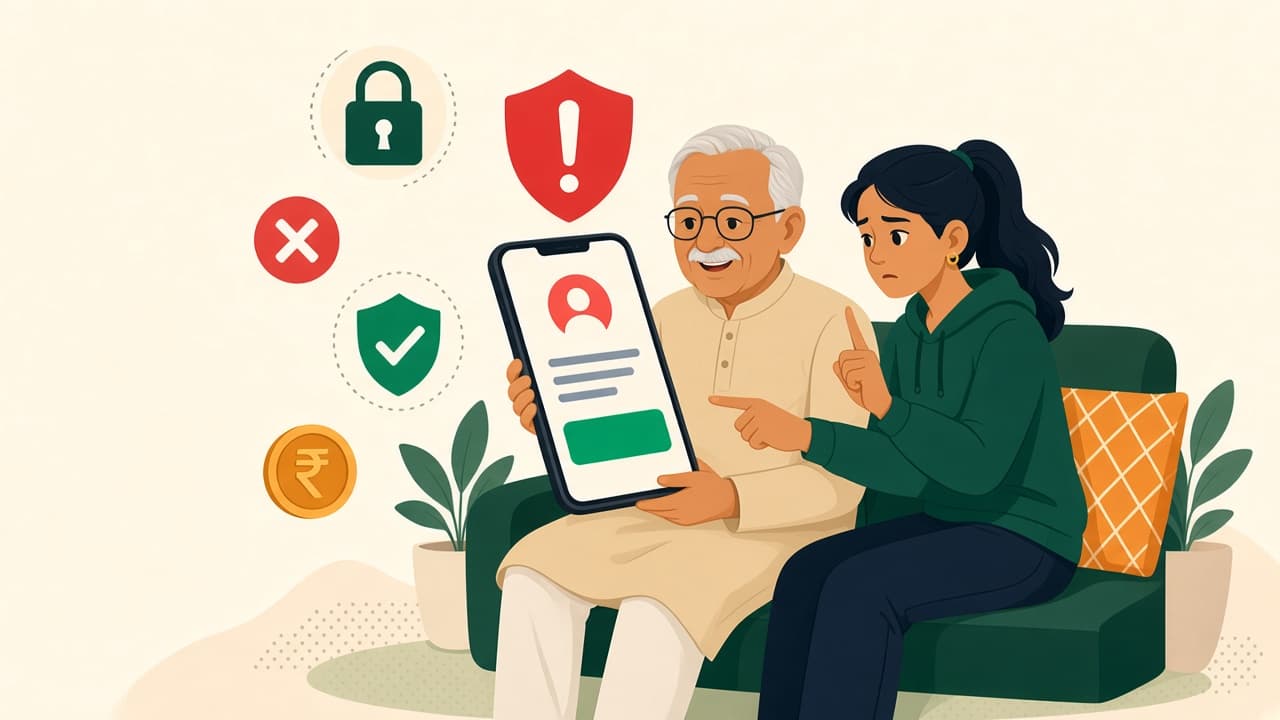 A granddaughter warns her grandfather about a suspicious payment request on a phone, with warning and safety icons floating around them