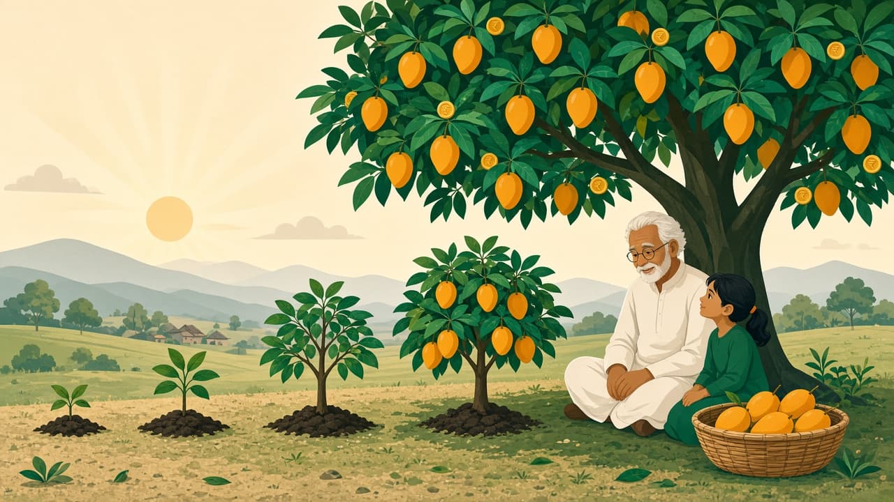 A grandfather and granddaughter sit under a big mango tree, beside a row of saplings growing bigger from left to right